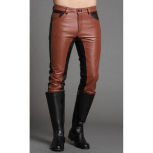 Men fashion contrast color black brown leather pant