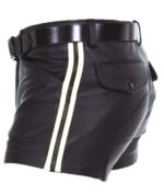 Men Real Leather Black with White Strips Shorts side