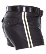 Men Real Leather Black with White Strips Shorts