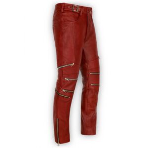 Men Style Bright Red Leather Biker Pant Side