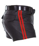 Mens Real Leather Black with Red Strips Shorts Side