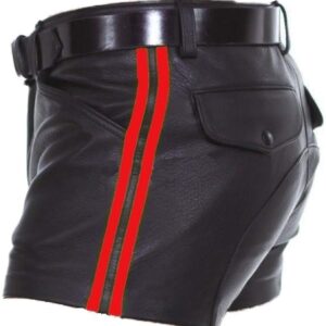 Mens Real Leather Black with Red Strips Shorts