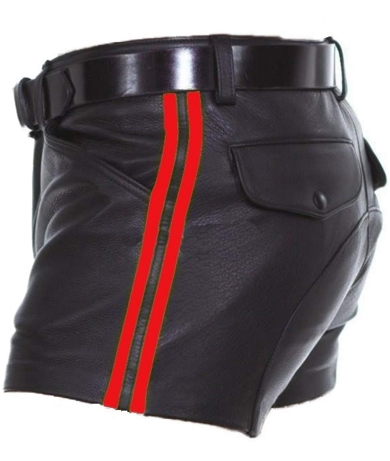Mens Real Leather Black with Red Strips Shorts Mens Real Leather Black with Red Strips Shorts