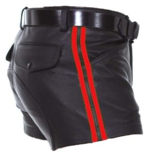 Mens Real Leather Black with Red Strips Shorts Side