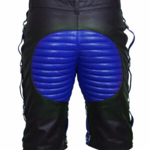 Black Blue Zip Lace Up Leather Shorts for men