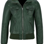 green-short-bomber-leather-biker-jacket
