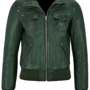 green-short-bomber-leather-biker-jacket