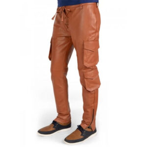 Men Soft Pure Tan Leather Cargo Pant Side