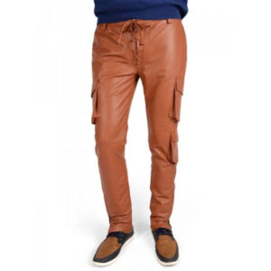Men Soft Pure Tan Leather Cargo Pant Front