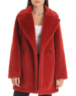 Faux Rabbit Fur Pea Coat In RedFaux Rabbit Fur Pea Coat In Red