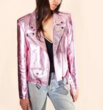 Metallic Rose Biker Women Leather Jacket