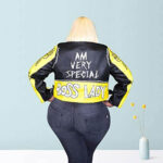 Back and Yellow Flowers and Letters Printing Leather Jacket