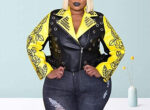 Back and Yellow Flowers and Letters Printing Leather Jacket