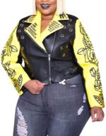 Back and Yellow Flowers and Letters Printing Leather Jacket