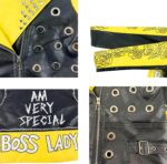Back and Yellow Flowers and Letters Printing Leather Jacket