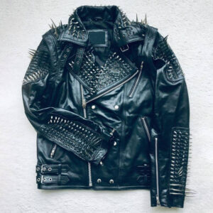 Black Long Spiked Studded Leather Jacket and Vest Two in One