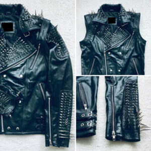 Black Long Spiked Studded Leather Jacket and Vest Two in One