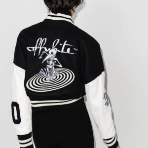 Black and White Cropped Varsity Bomber Jacket