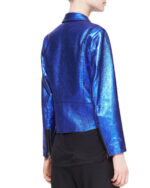 Blue Boxy Metallic Leather Biker Jacket