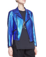 Blue Boxy Metallic Leather Biker Jacket