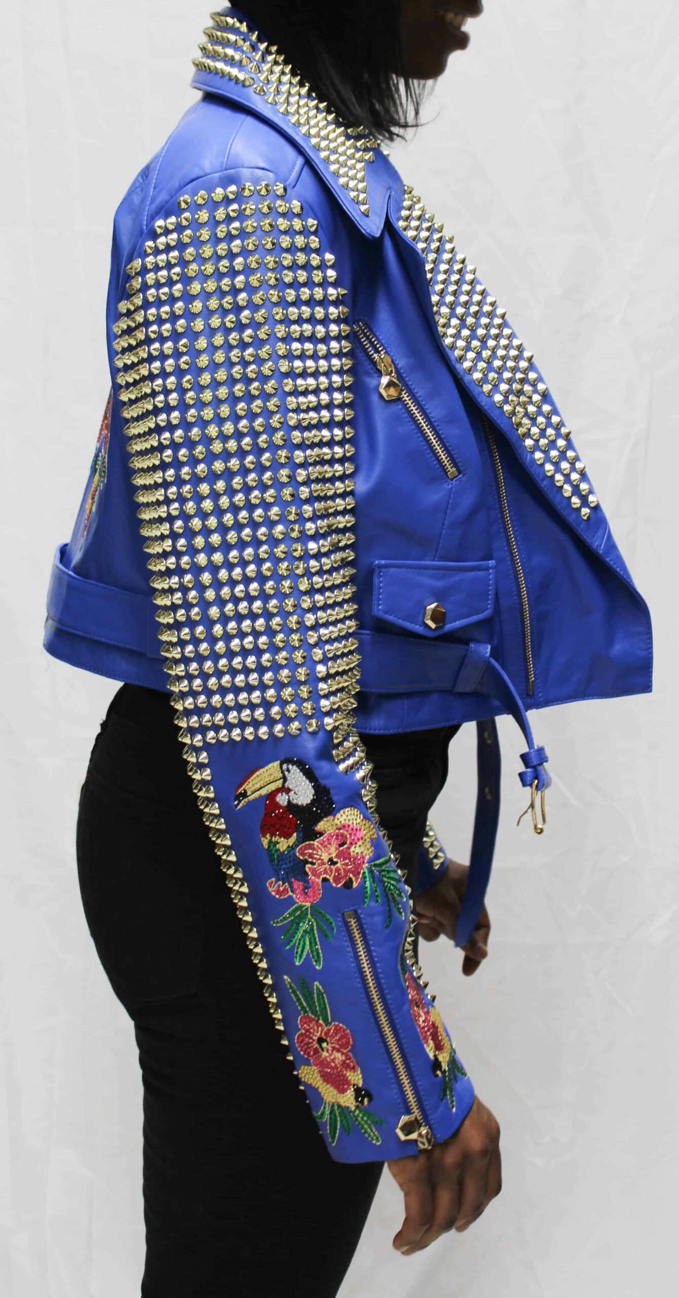 Blue Spiked Short Leather Women's Jacket (1) Blue Spiked Short Leather Women's Jacket