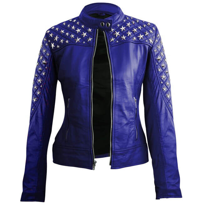 Blue Star Silver Studs Quilted Leather Jacket (2) Blue Star Silver Studs Quilted Leather Jacket