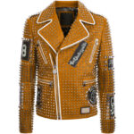 Philipp Plein Brown Full Silver Studded Leather Jacket