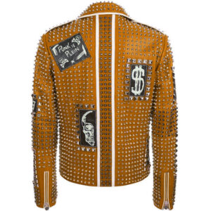Philipp Plein Brown Full Silver Studded Leather Jacket