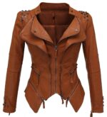 Brown Silver Studded Rivet Leather Jacket