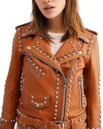 Brown Studded Women's Punk Biker Leather Jacket