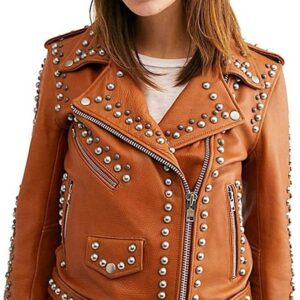 Brown Studded Women's Punk Biker Leather Jacket