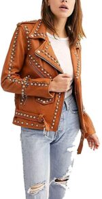 Brown Studded Women's Punk Biker Leather Jacket