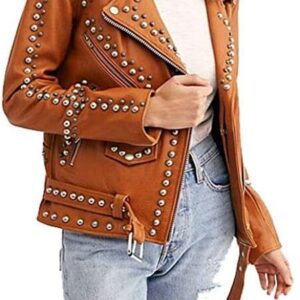 Brown Studded Women's Punk Biker Leather Jacket