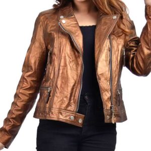 Copper Metallic Women's Leather Biker Jacket