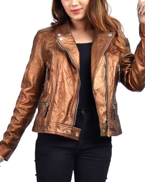 Copper Metallic Women's Leather Biker Jacket