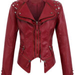 Dark Red Silver Studded Rivet Leather Jacket