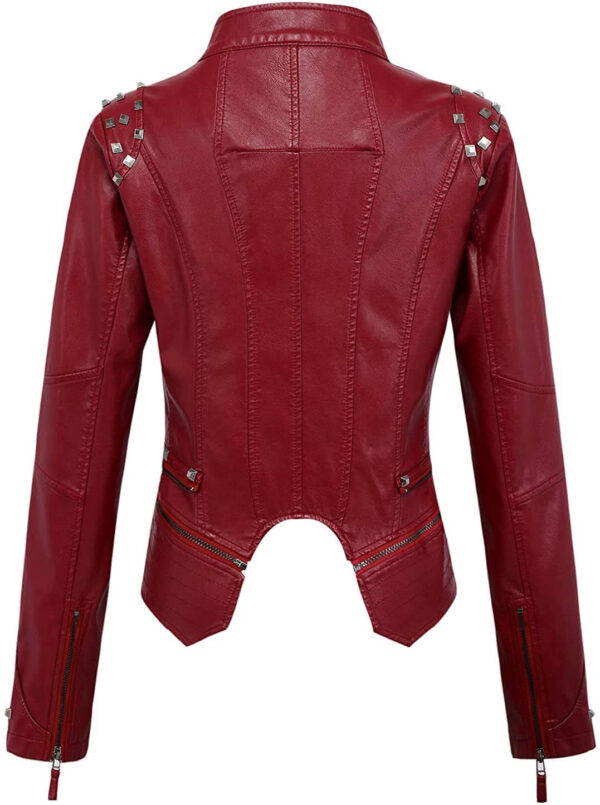 Dark Red Silver Studded Rivet Leather Jacket
