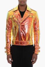 Golden Metallic Leather Biker Jacket with Hologram Effect
