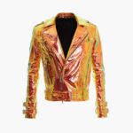 Golden Metallic Leather Biker Jacket with Hologram Effect