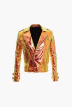 Golden Metallic Leather Biker Jacket with Hologram Effect