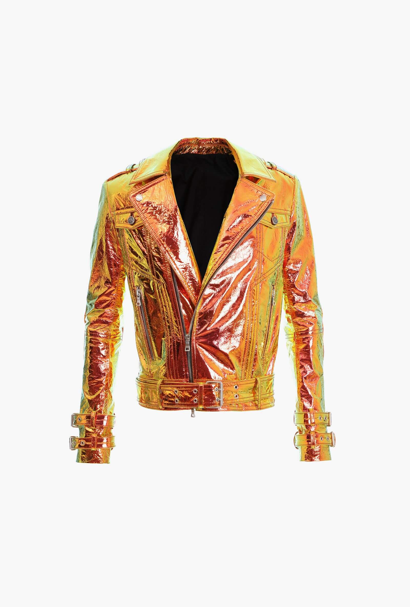 Golden Metallic Leather Biker Jacket with Hologram Effect (6) Golden Metallic Leather Biker Jacket with Hologram Effect