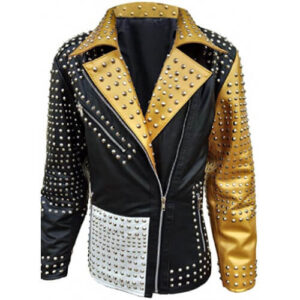 Golden Studded Biker Leather Jacket