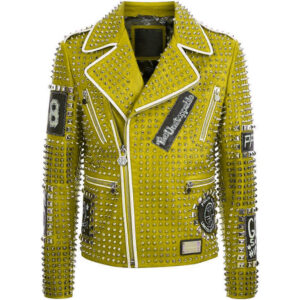 Green Full Silver Studded Leather Jacket