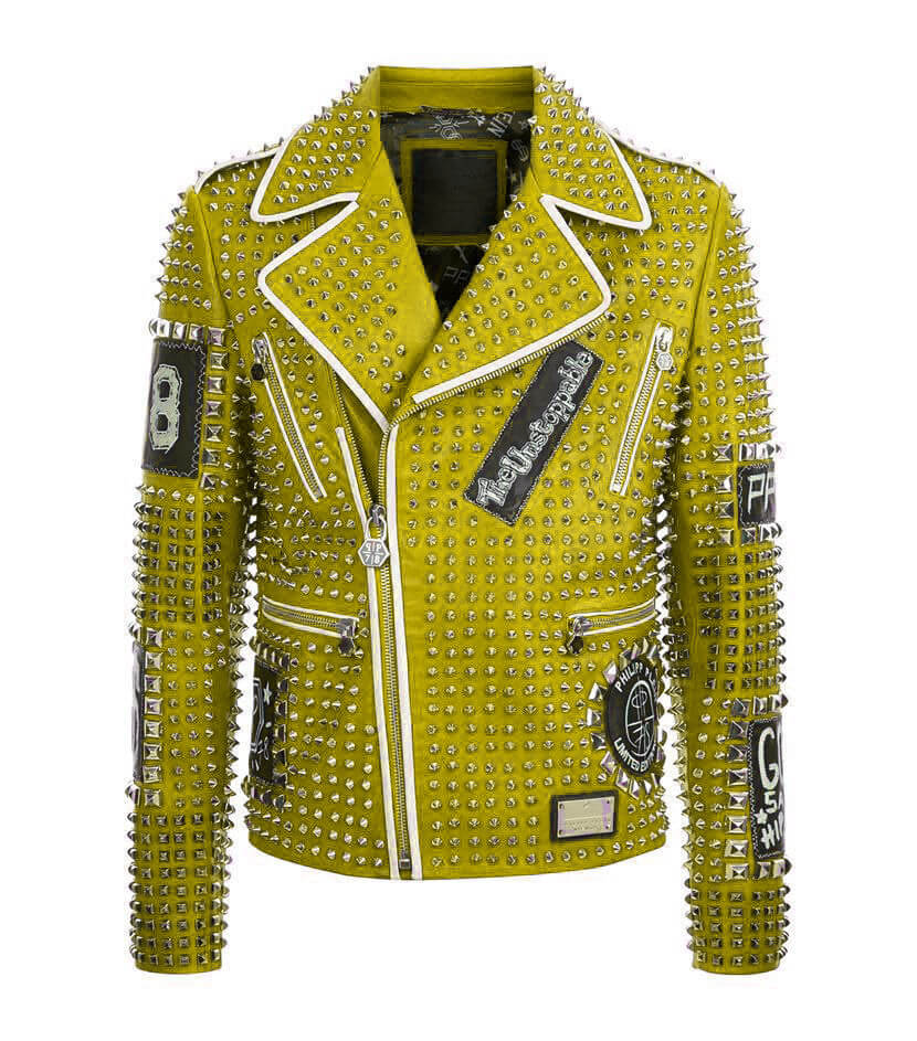 Green Full Silver Studded Leather Jacket Green Full Silver Studded Leather Jacket