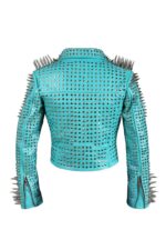Light Blue Long Spike Silver Studded Biker Jacket