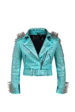 Light Blue Long Spike Silver Studded Biker Jacket