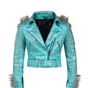 Light Blue Long Spike Silver Studded Biker Jacket