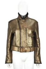 Metallic Gold Leather Black Shearling Biker Jacket