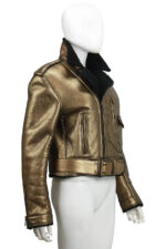Metallic Gold Leather Black Shearling Biker Jacket