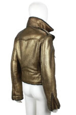 Metallic Gold Leather Black Shearling Biker Jacket